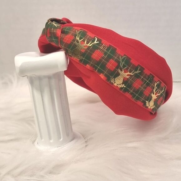 GOLD DEER RED GREEN PLAID CHRISTMAS HEADBAND - Picture 1 of 5